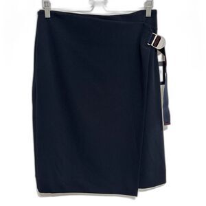 DKNY Faux Wrap Asymmetric Skirt Sz 6 Navy Buckle